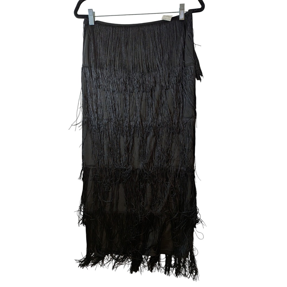 SHEIN Black Tiered Fringe Midi Skirt High Waisted Bodycon Size L 8/10